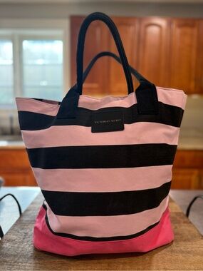 Victoria's Secret Pink, Hot Pink & Black Striped Canvas Tote